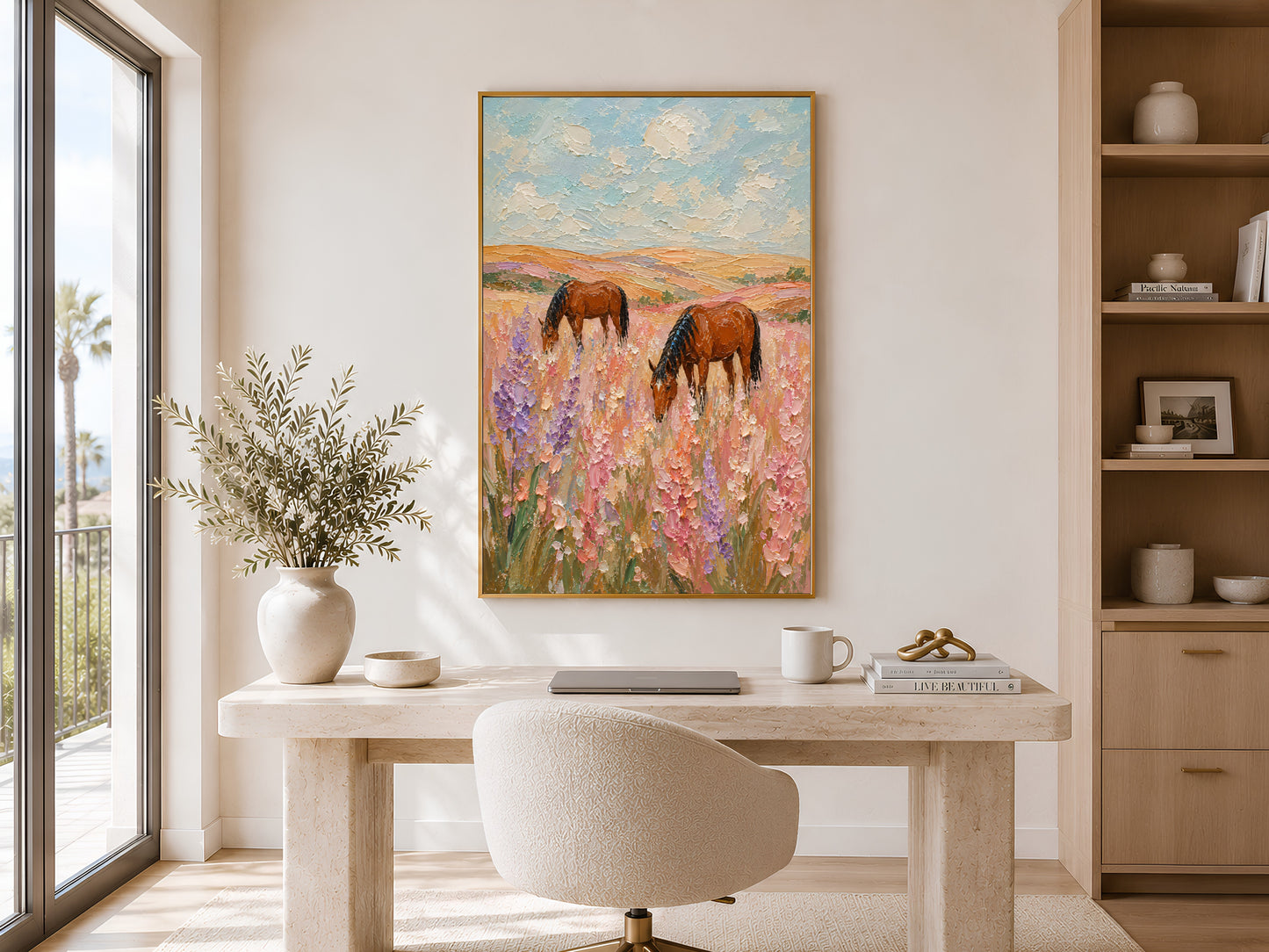 Two chestnut horses grazing in a pink wildflower field impasto painting in a gold frame displayed in a bright home office with a round desk, neutral chair, and large window with natural light
