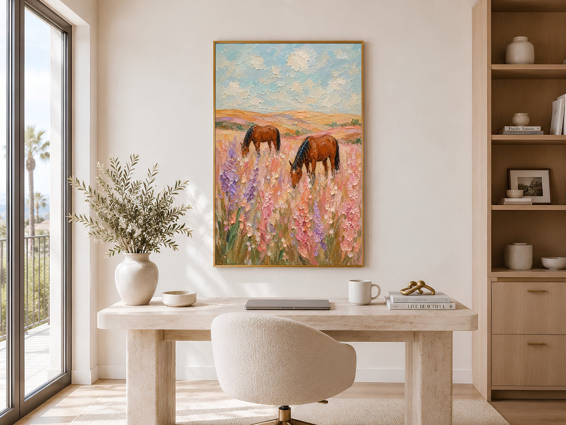 Two chestnut horses grazing in a pink wildflower field impasto painting in a gold frame displayed in a bright home office with a round desk, neutral chair, and large window with natural light
