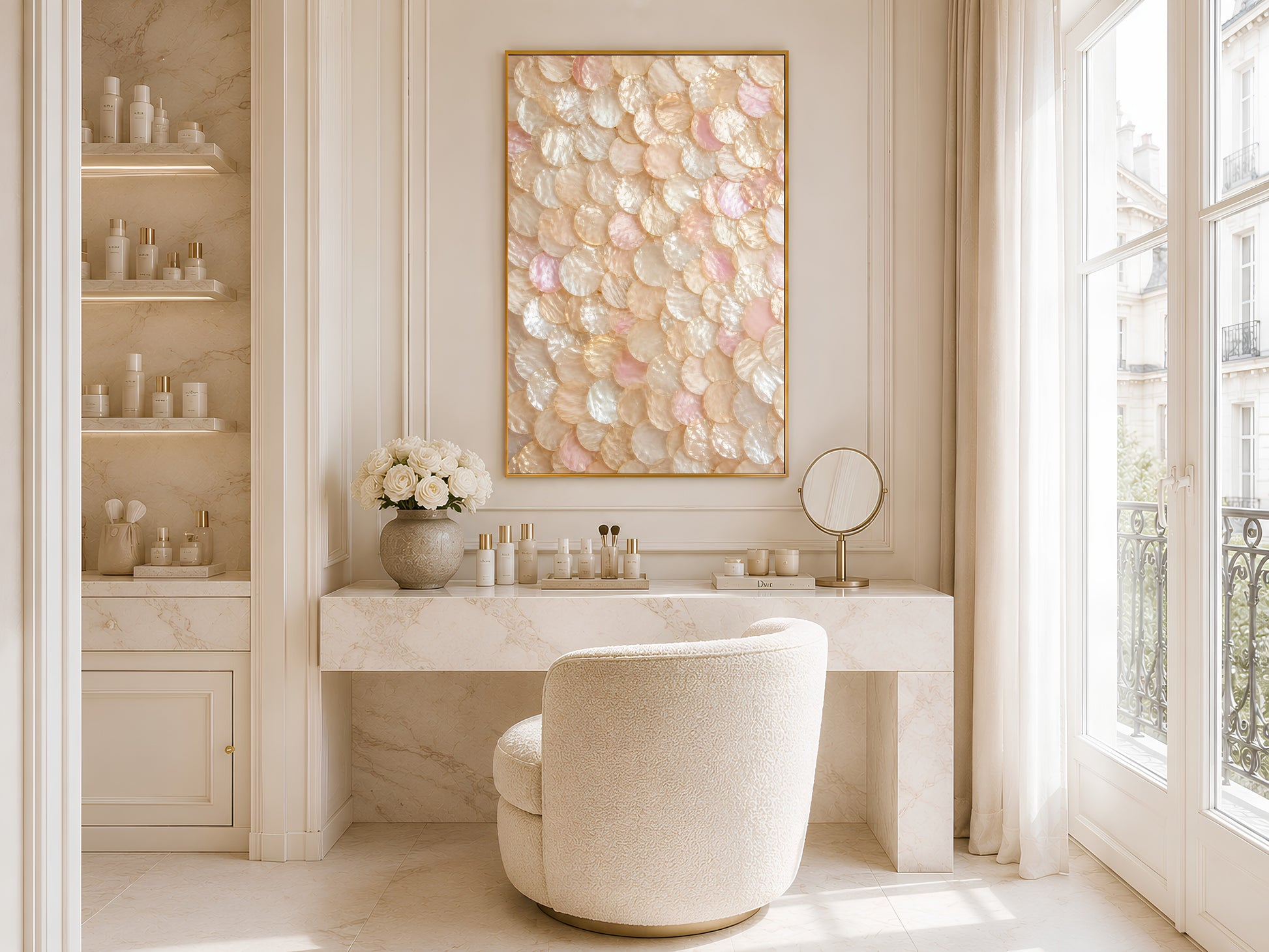 Blush capiz shell wall art printable hanging above a cream vanity desk in a soft feminine luxury dressing room with warm natural light.