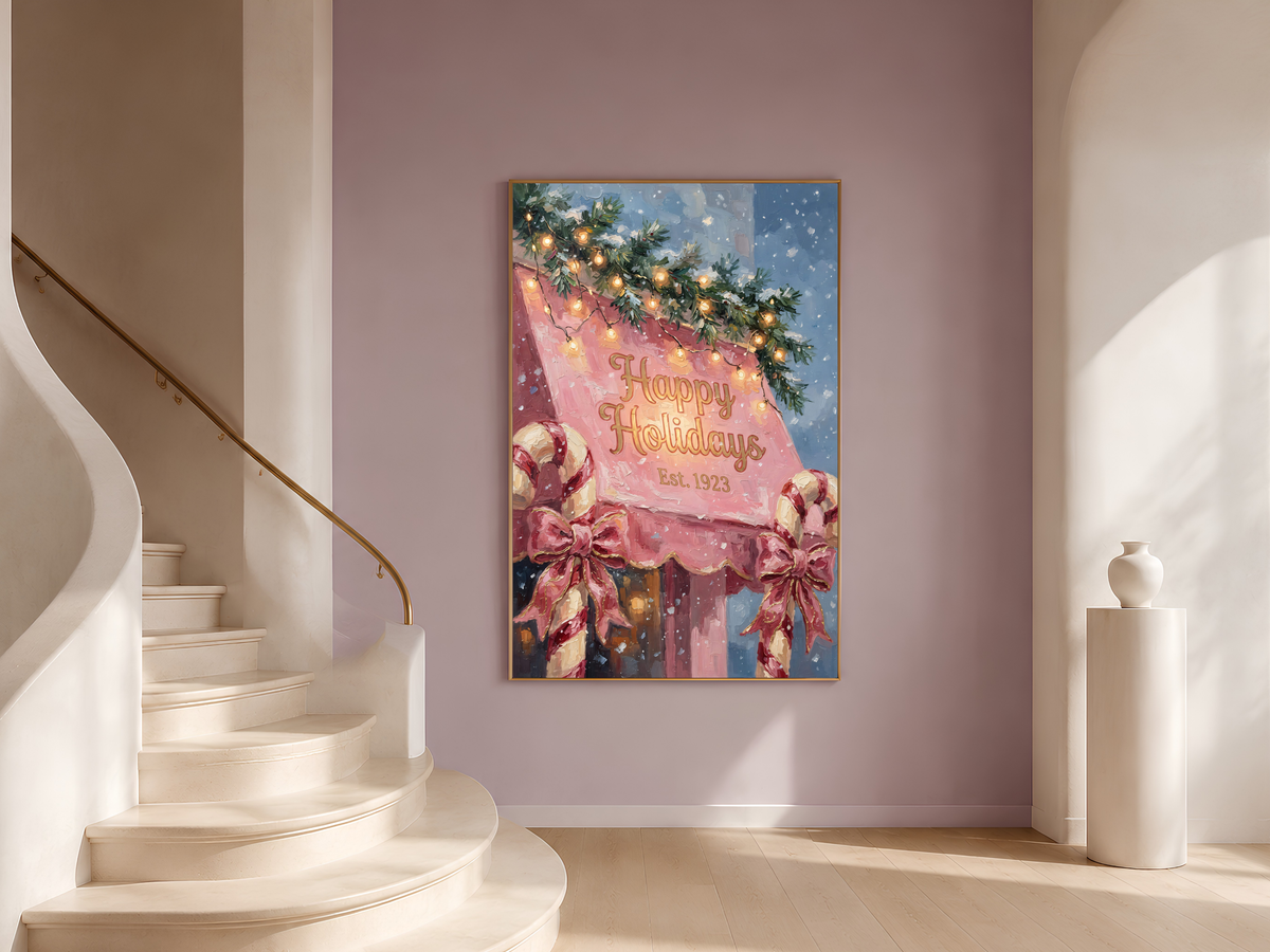 Pink Christmas Wall Art, Vintage Happy Holidays Sign Print - Digital Download
