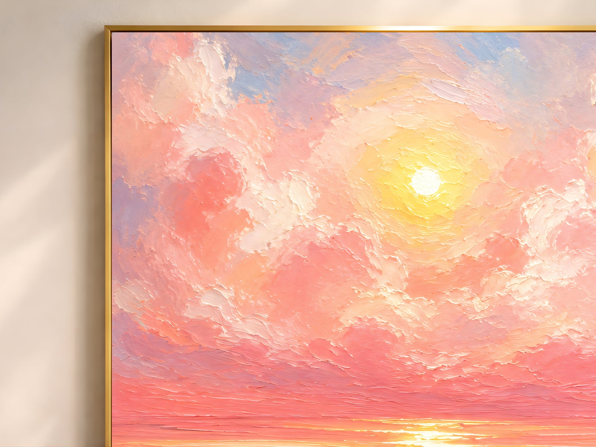 Close-up of impasto pink sunset painting showing radiant golden sun glow against coral pink and peach cloud brushwork
