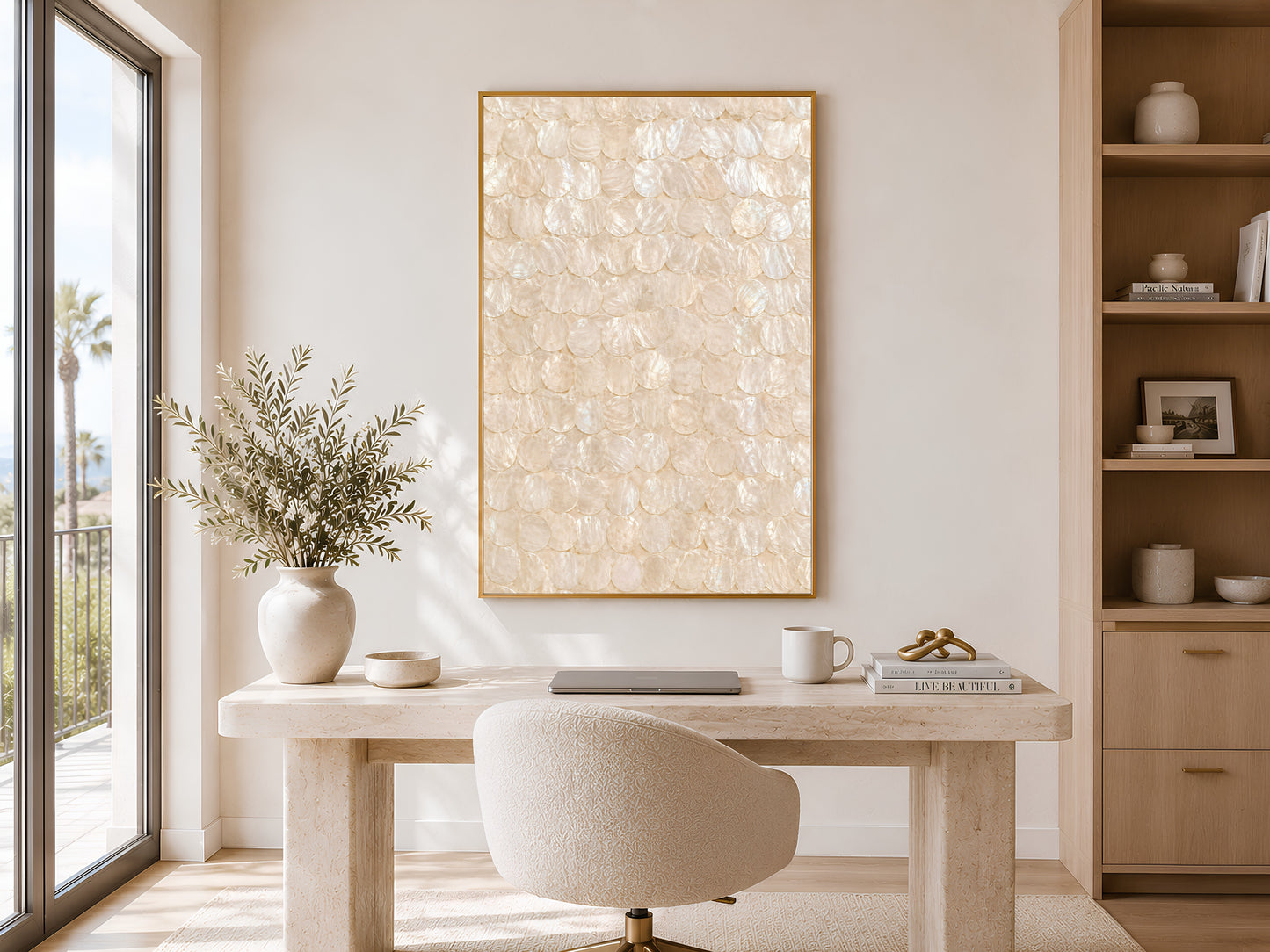 Capiz shell wall art print in a gold frame displayed in a bright home office with a round desk, neutral chair, shelving with dried botanicals, and large window with natural light
