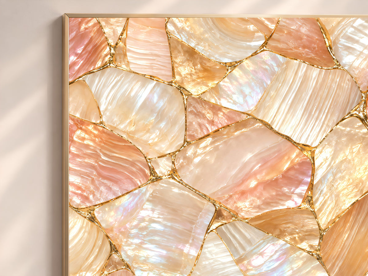 Peach Mother of Pearl Wall Art, Apricot Shell Mosaic Print, Gold Kintsugi, Warm Blush Bedroom Decor, Riviera Summer Poster, Instant Download