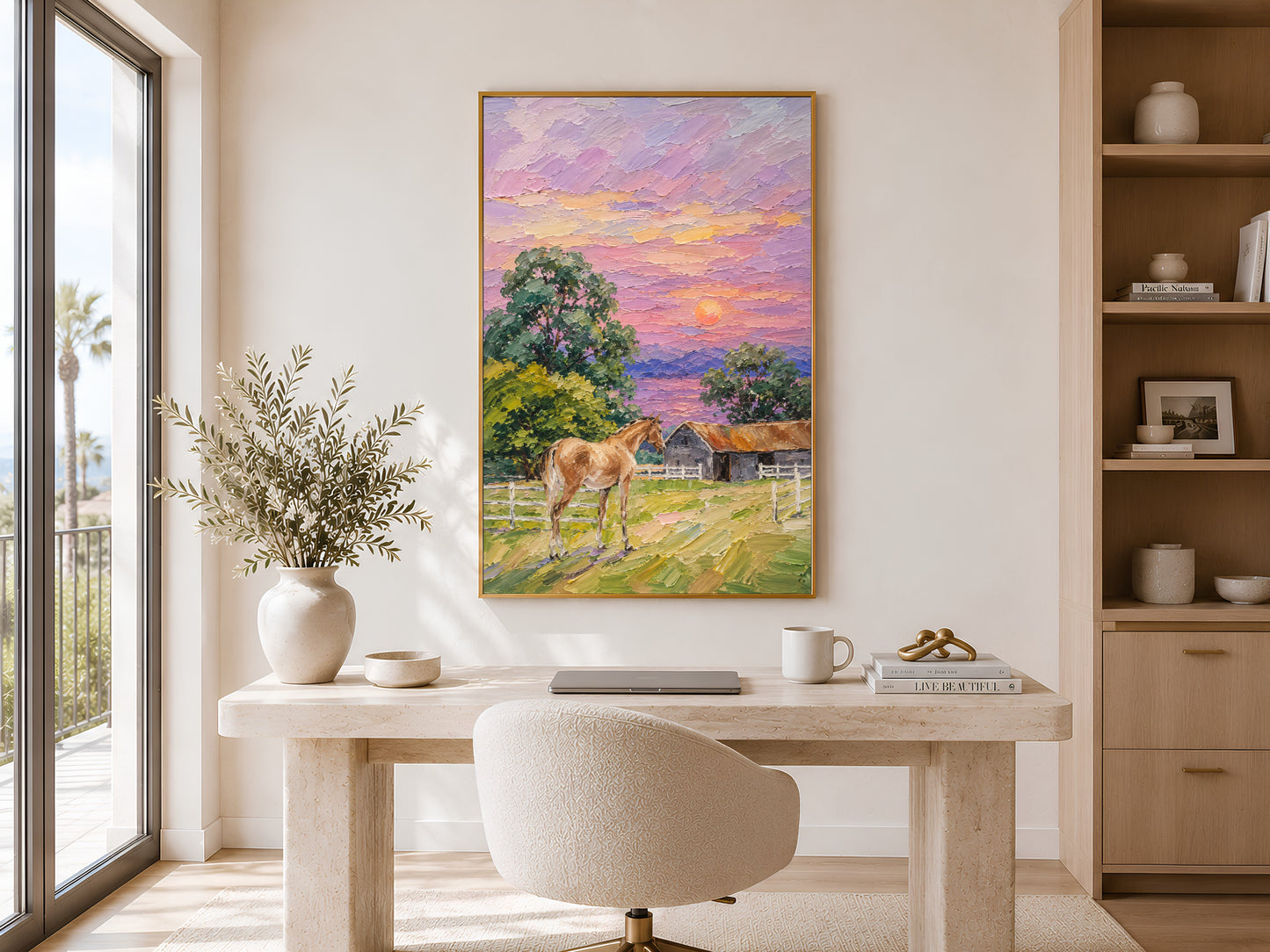 Farmhouse horse sunset impasto painting in a gold frame displayed in a bright home office with a round desk, neutral chair, shelving with botanicals, and large window with natural light
