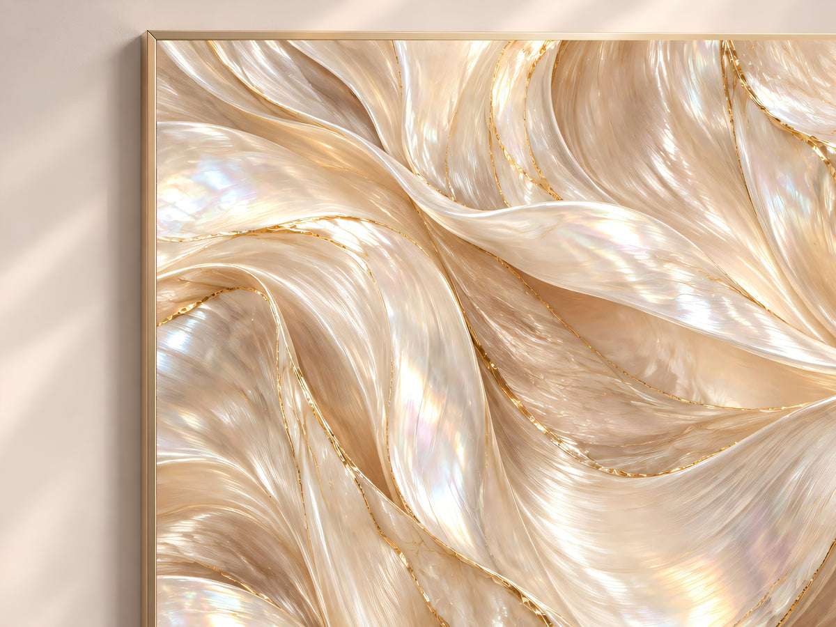 Pearl Abstract Wall Art, Champagne Gold Wave Print, Neutral Iridescent Swirl, Cream Living Room Decor, Above Sofa Poster, Instant Download