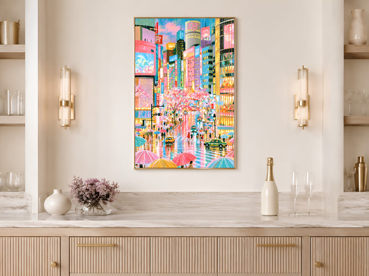 Tokyo Rain Cherry Blossom Wall Art, Pastel Shibuya Street Painting, Pink Japan City Print, Printable Digital Download