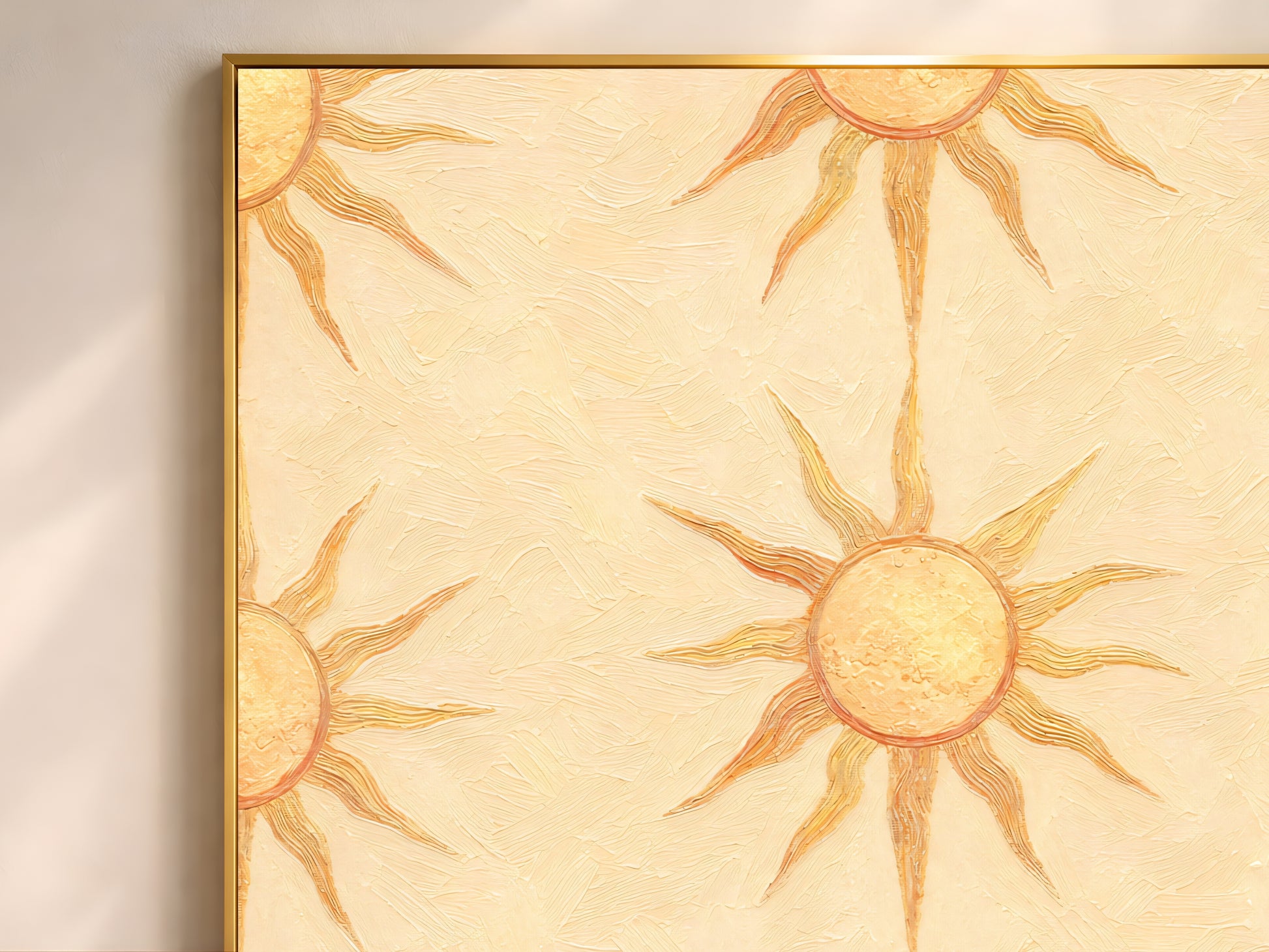 Close-up texture detail of boho sun wall art print showing impasto brushstrokes in butter yellow, honey gold, and terracotta sunburst design.
