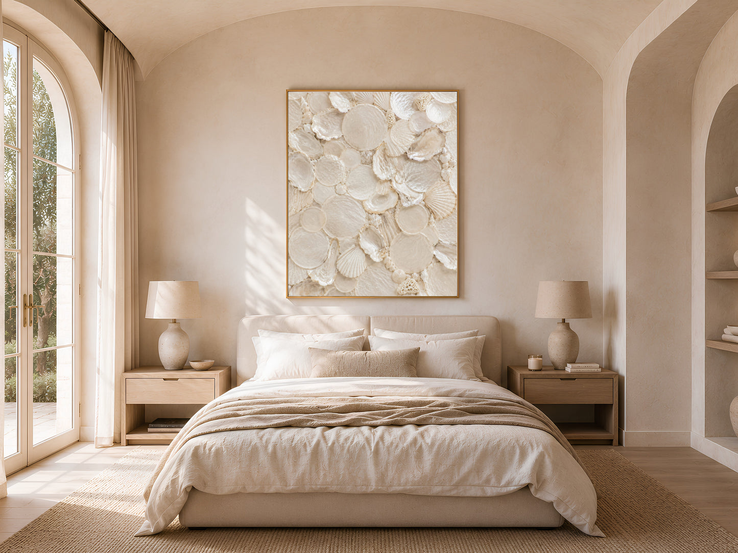 Warm coastal bedroom with arched doorways, neutral linen bedding, and a framed shell collector print hanging above the headboard.