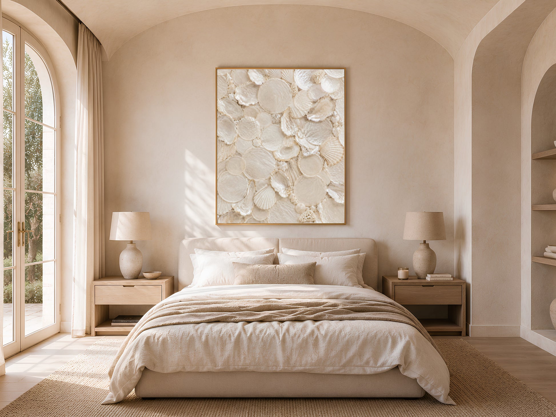 Warm coastal bedroom with arched doorways, neutral linen bedding, and a framed shell collector print hanging above the headboard.