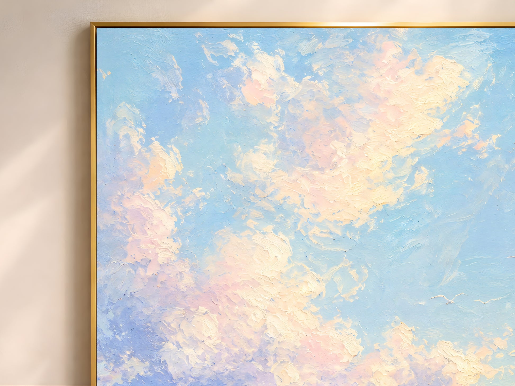 Close-up of impasto pastel ocean sunrise painting showing soft cloud brushwork in blush pink, peach, and sky blue
