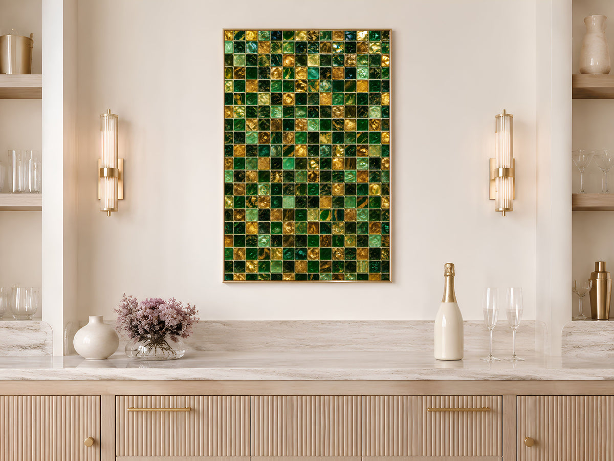 Emerald Mosaic Wall Art, Gold Glass Tile Print - Digital Download