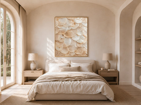 Warm coastal bedroom with arched French doors, neutral linen bedding, and a framed capiz shell print hanging above the headboard.