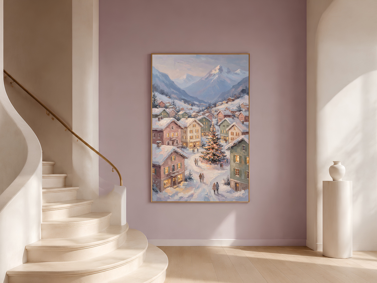 Alpine Christmas Village Wall Art, Snowy Mountain Town Print - Digital Download