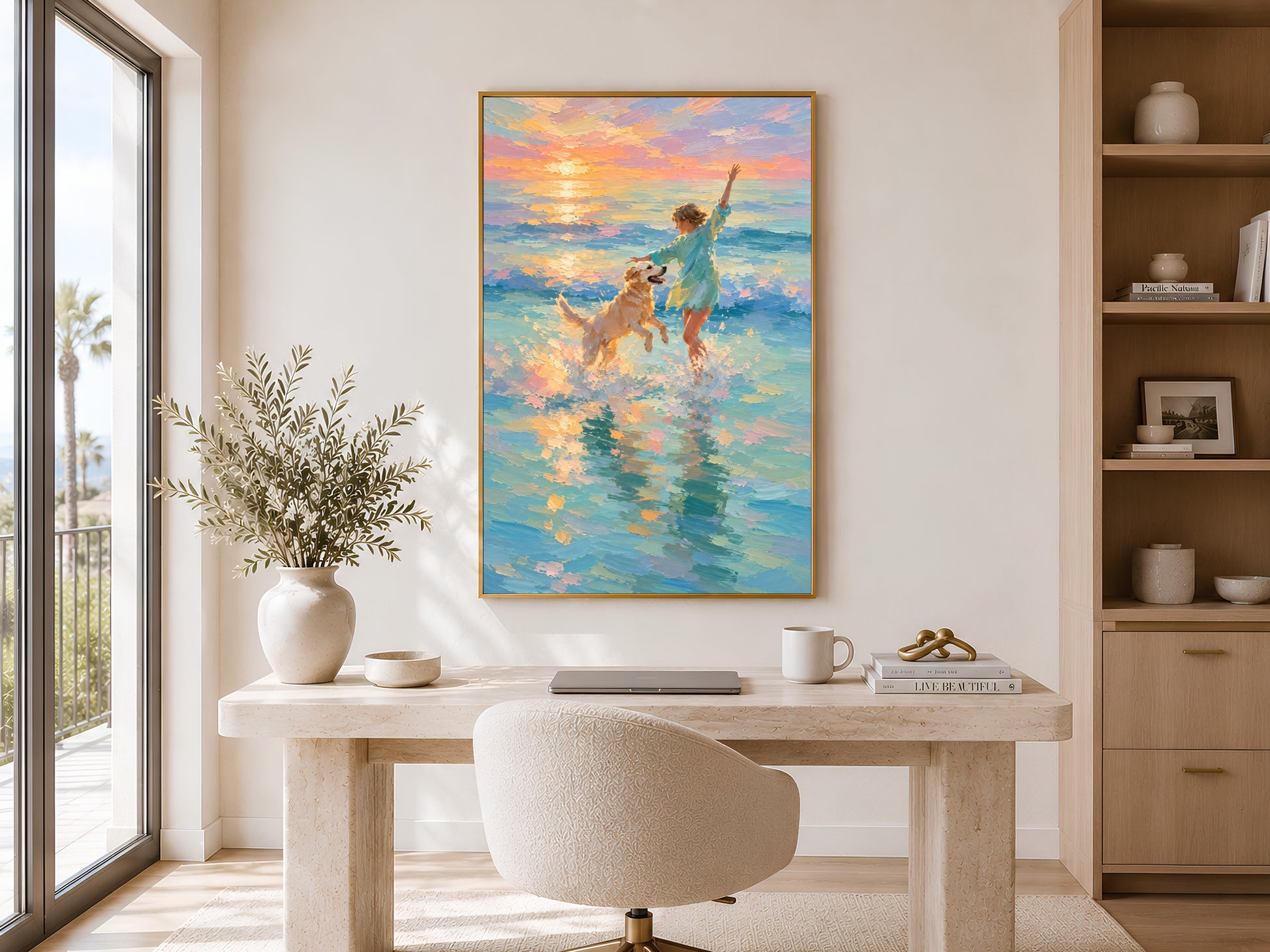 Girl and golden retriever beach sunset impasto painting in a gold frame displayed in a bright home office with a round desk, neutral chair, shelving with botanicals, and warm natural light
