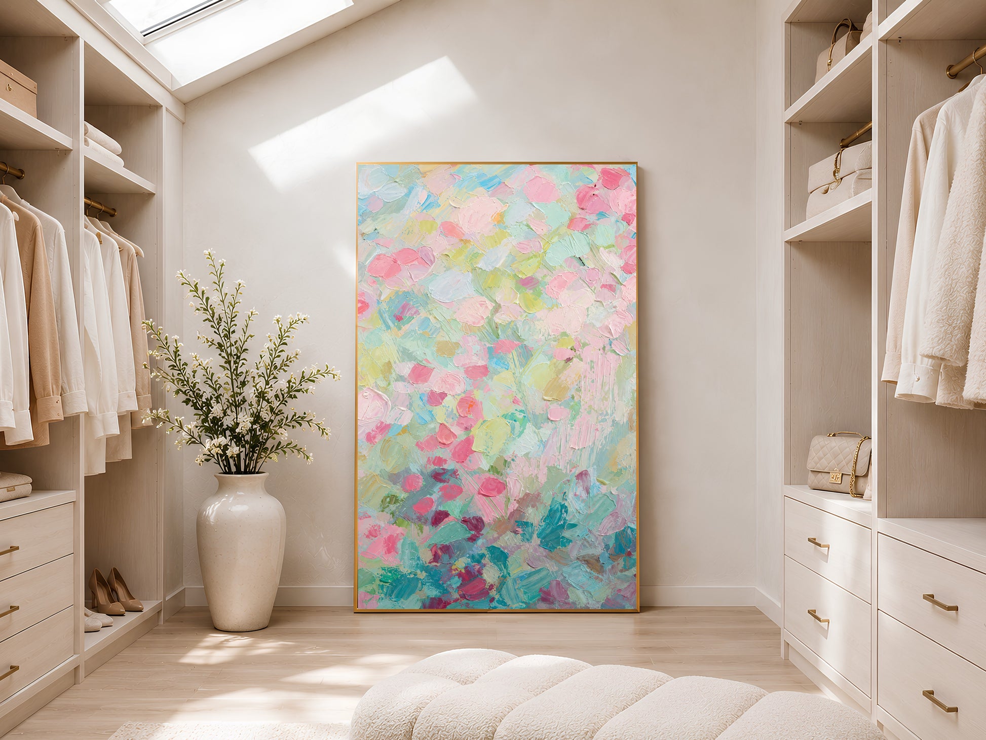 Pastel floral impasto wall art framed in walk-in closet with skylight
