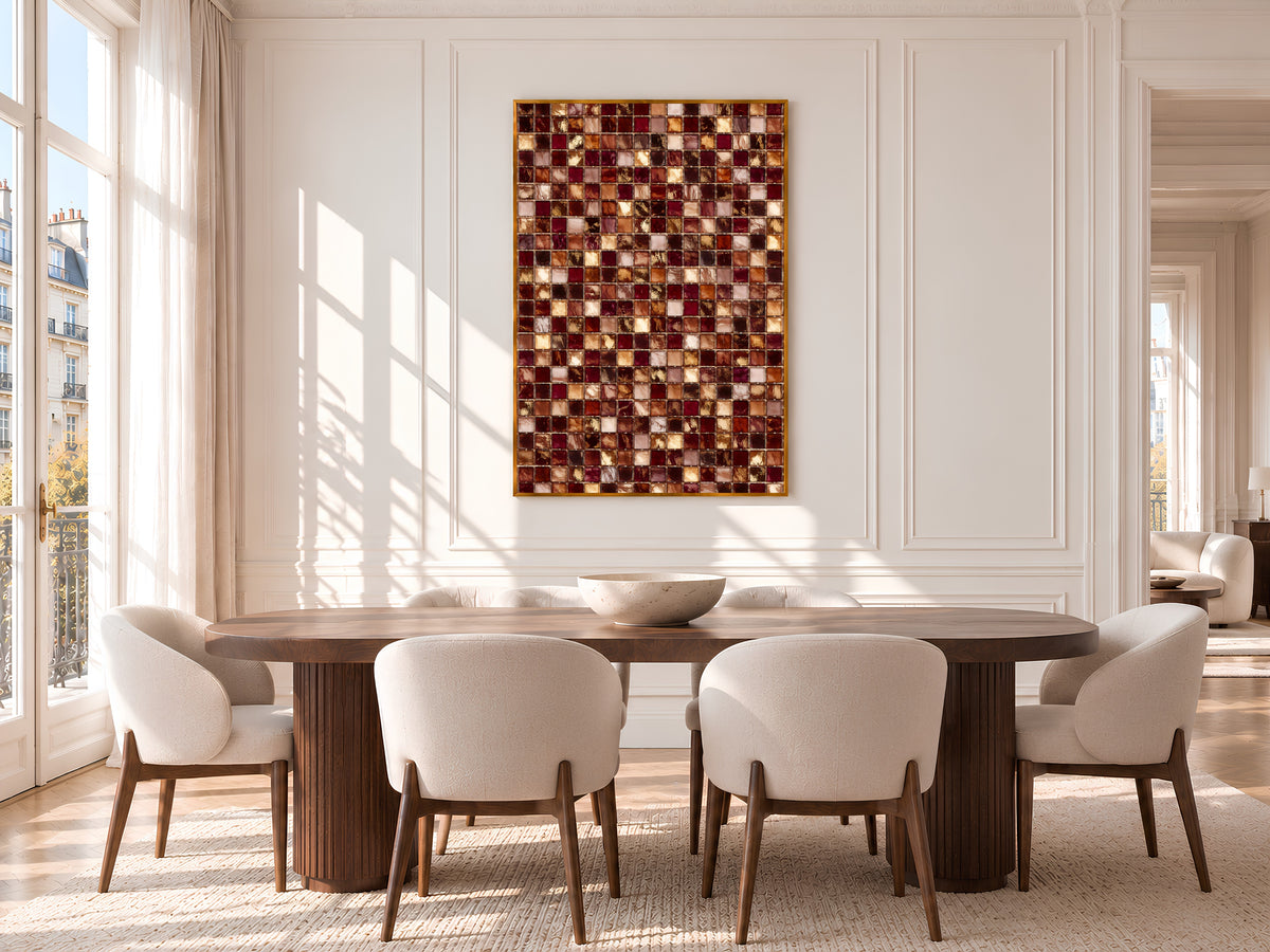 Burgundy and Gold Mosaic Tile Wall Art Print, Wine Red, Blush and Amber Tile Grid Painting, Printable Moody Warm Decor, Digital Download