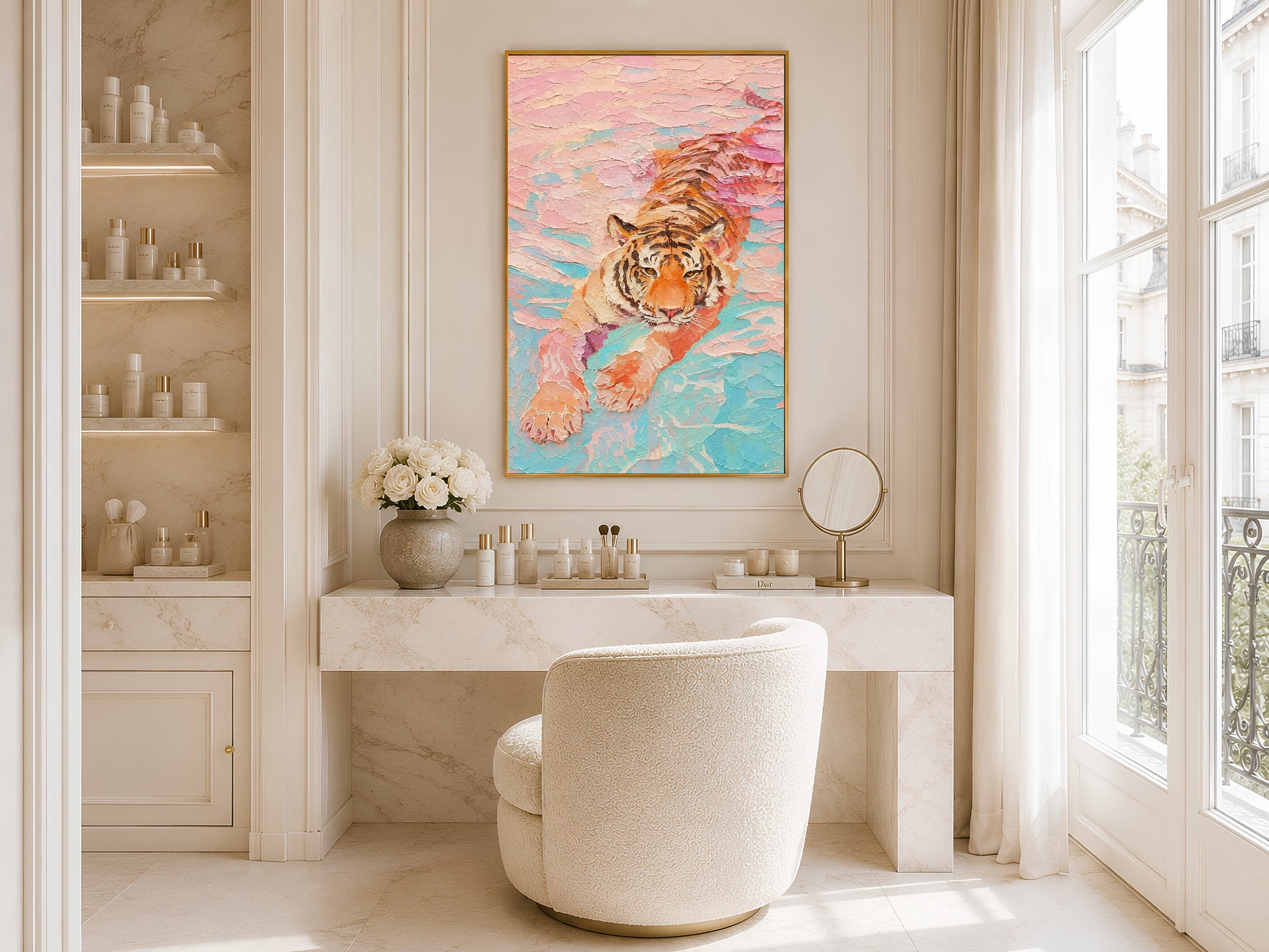 Framed pastel tiger wall art displayed in a beige bathroom above a vanity area with round mirror and dried flowers
