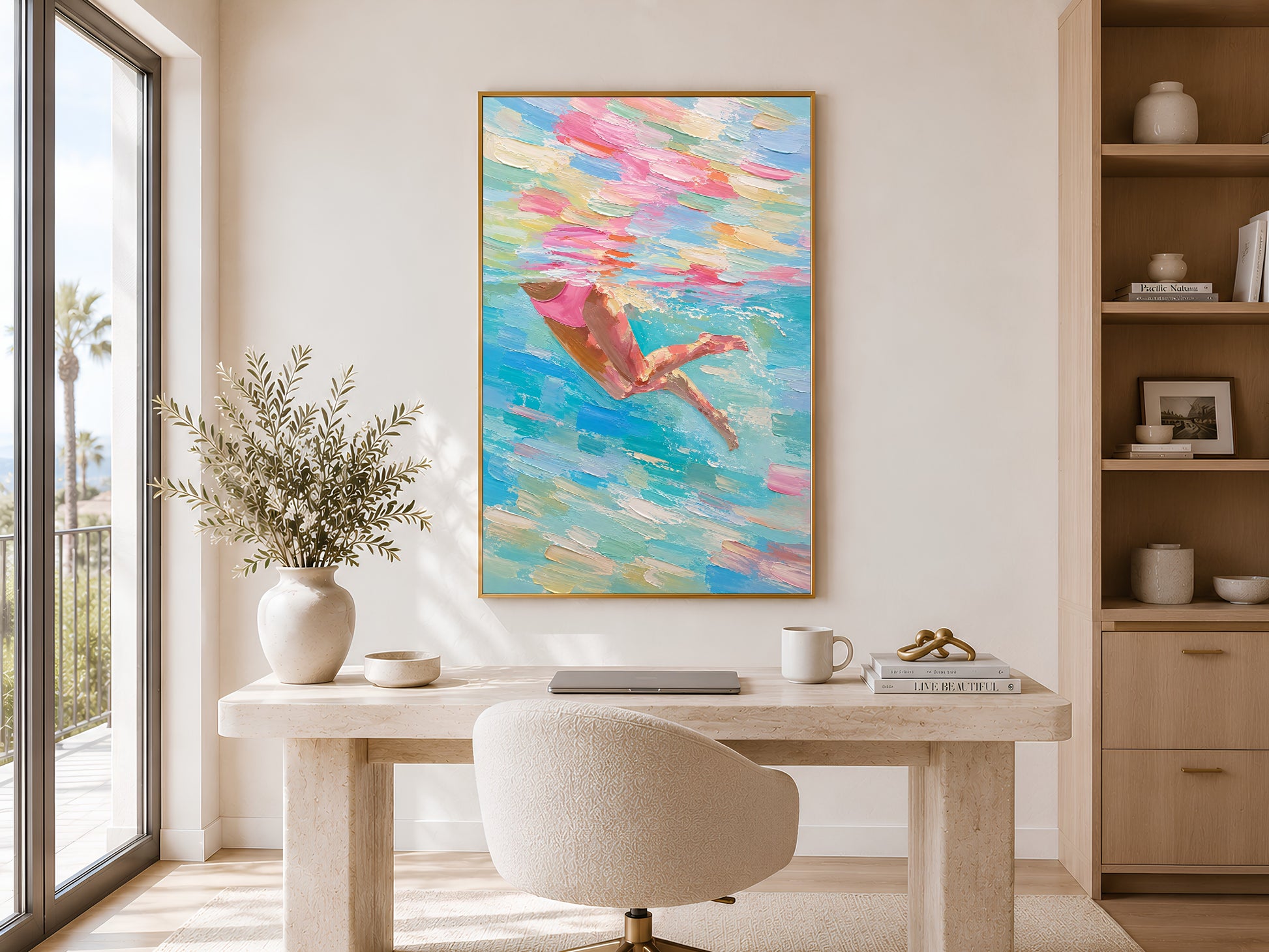 Woman swimmer diving impasto painting in a gold frame displayed in a bright home office with a round desk, neutral chair, shelving with botanicals, and warm natural light
