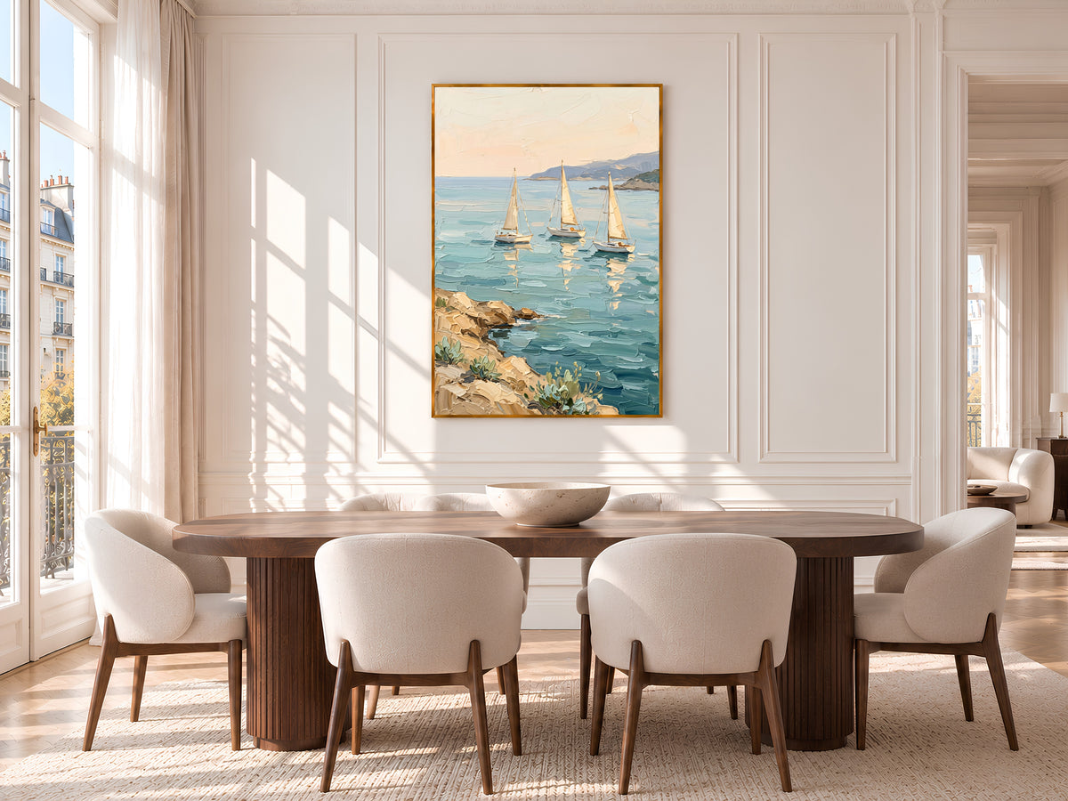 Sailboat Painting Print, Mediterranean Coastal Wall Art, Turquoise Sea and Rocky Shore, Impasto Oil Style Printable, Digital Download