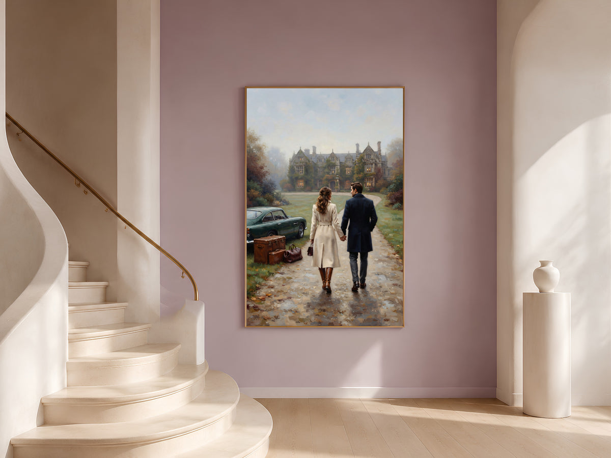 English Manor Estate Wall Art, Autumn Couple Oil Painting Print - Digital Download