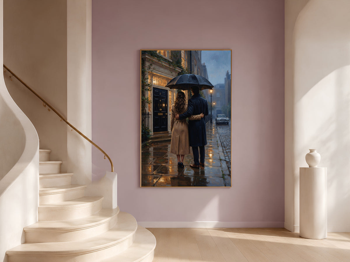 Romantic Couple Wall Art, Rainy London Street Oil Painting Print - Digital Download