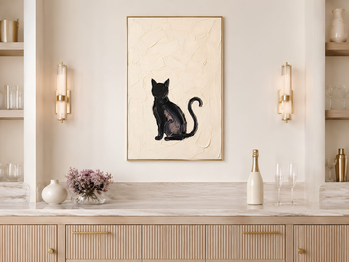 Minimalist Black Cat Wall Art, Impasto Oil Painting Print - Digital Download