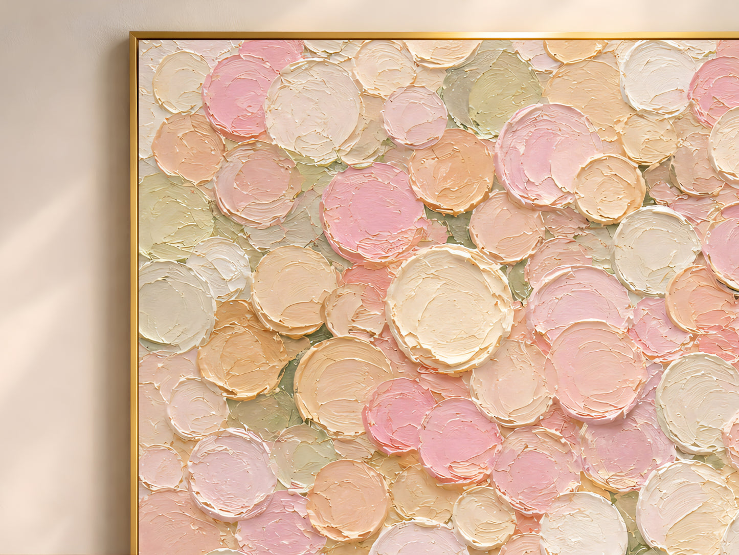 Close-up of impasto abstract dot texture in blush pink, peach, sage, and cream brushstrokes on pastel wall art print.
