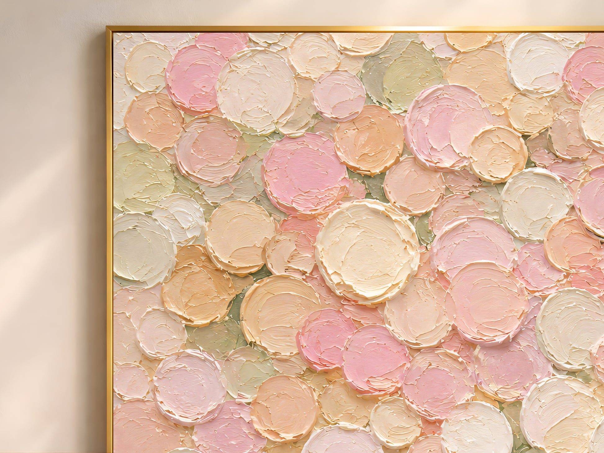 Close-up of impasto abstract dot texture in blush pink, peach, sage, and cream brushstrokes on pastel wall art print.
