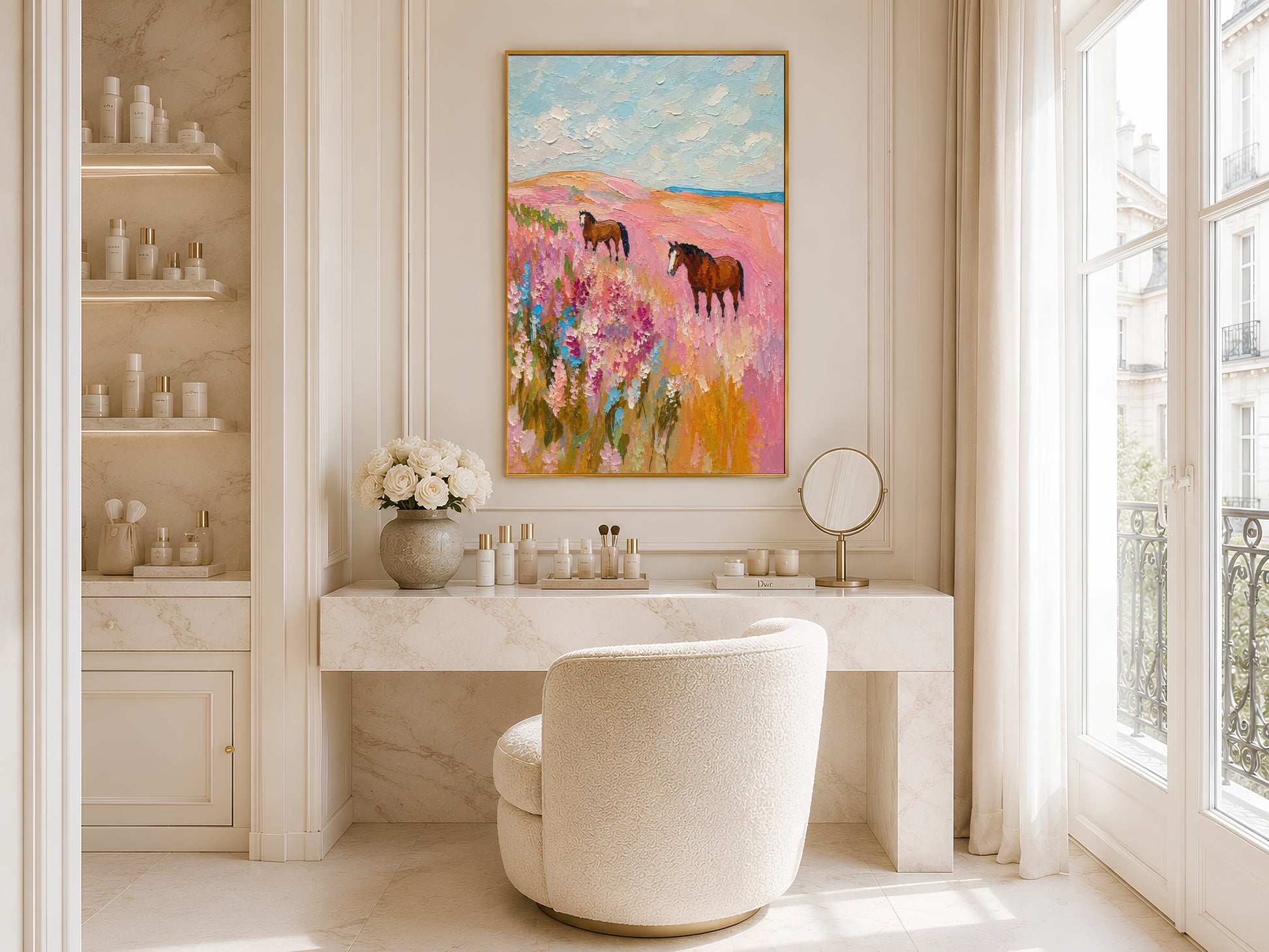 Gold-framed pink wildflower meadow horse print in a bright minimalist bathroom with a freestanding white bathtub, open shelving, and a small vase
