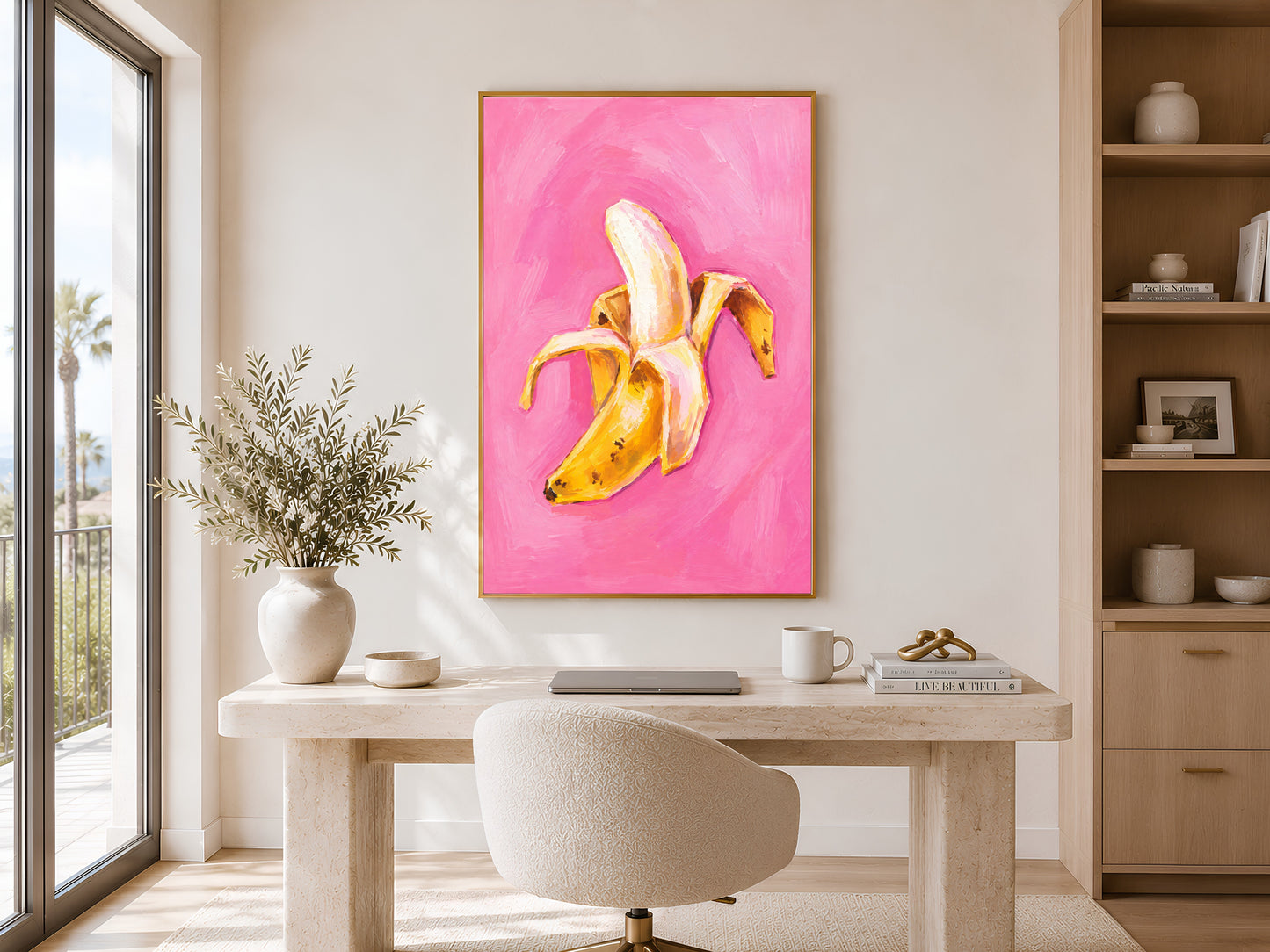 Framed impasto peeled banana print on warm white wall in bright minimal home office with white desk and open shelving

