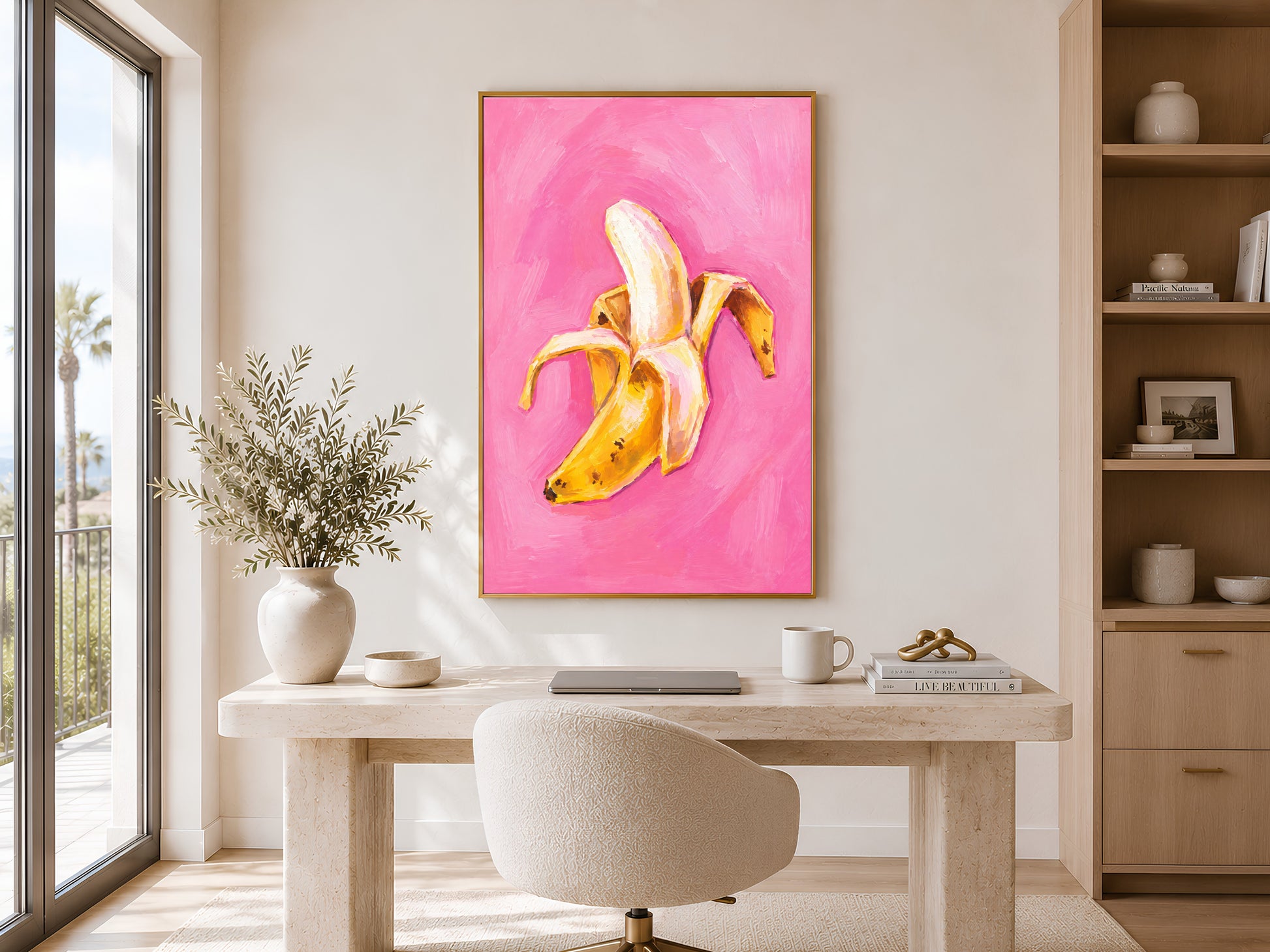 Framed impasto peeled banana print on warm white wall in bright minimal home office with white desk and open shelving

