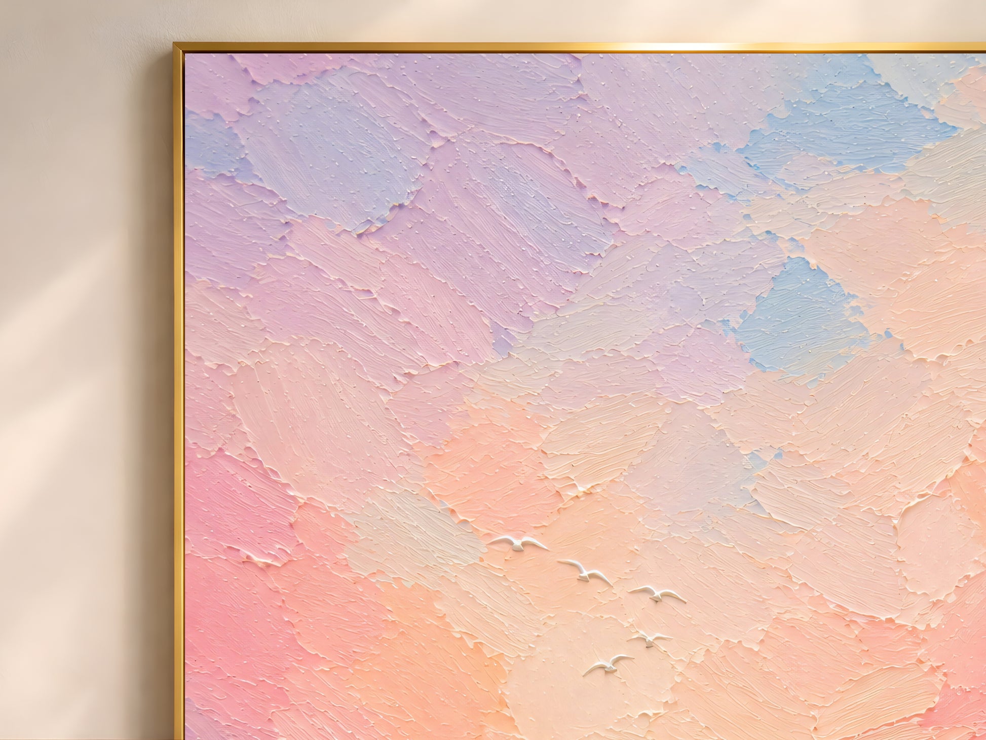 Close-up texture detail of pastel sunset ocean wall art print showing impasto brushstrokes in lavender, pink, and peach.

