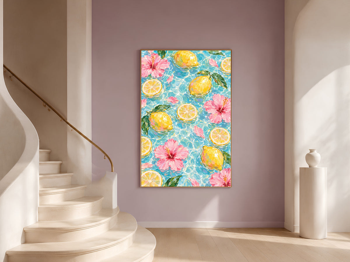 Lemon Hibiscus Pool Art Print, Amalfi Summer Wall Art - Digital Download