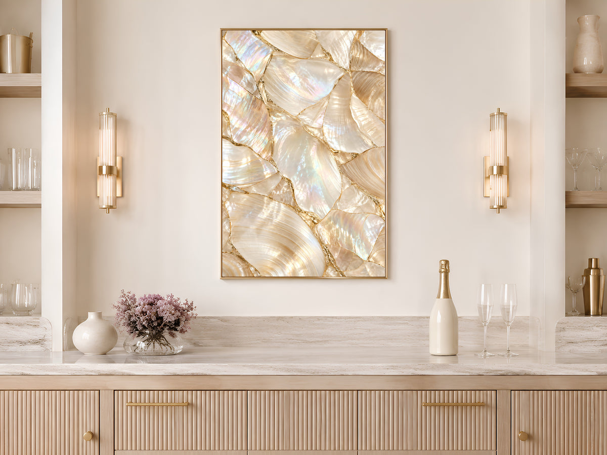 Mother of Pearl Wall Art, Iridescent Shell Print, Gold Kintsugi Coastal Decor, Pearlcore Bathroom Poster, Neutral Printable Instant Download