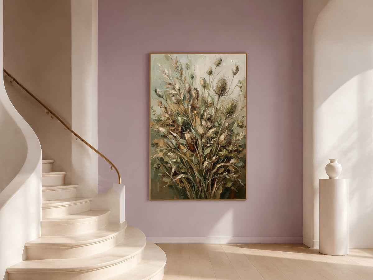 Dried Botanical Wall Art, Sage Green Impasto Oil Painting - Digital Download