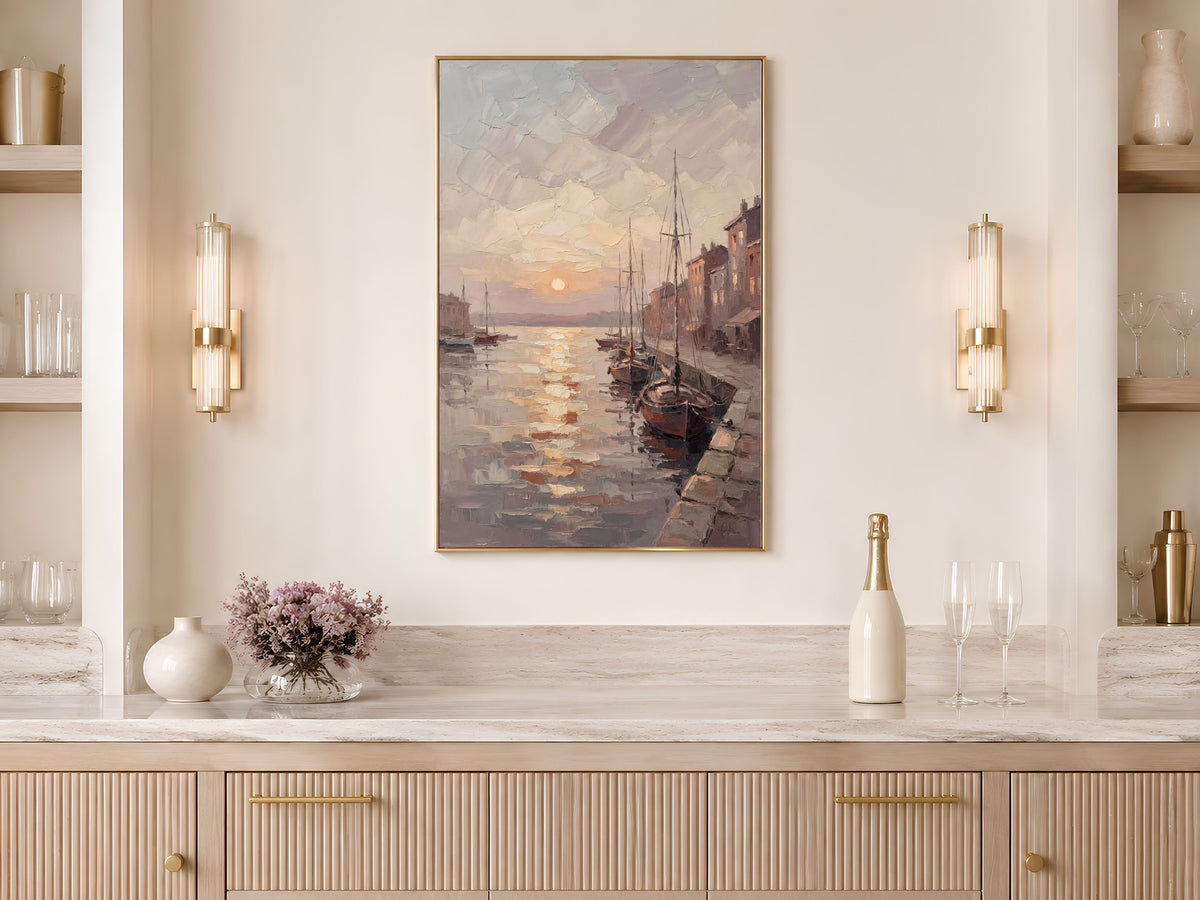 Harbor Sunset Wall Art, Impasto Oil Painting Print - Digital Download