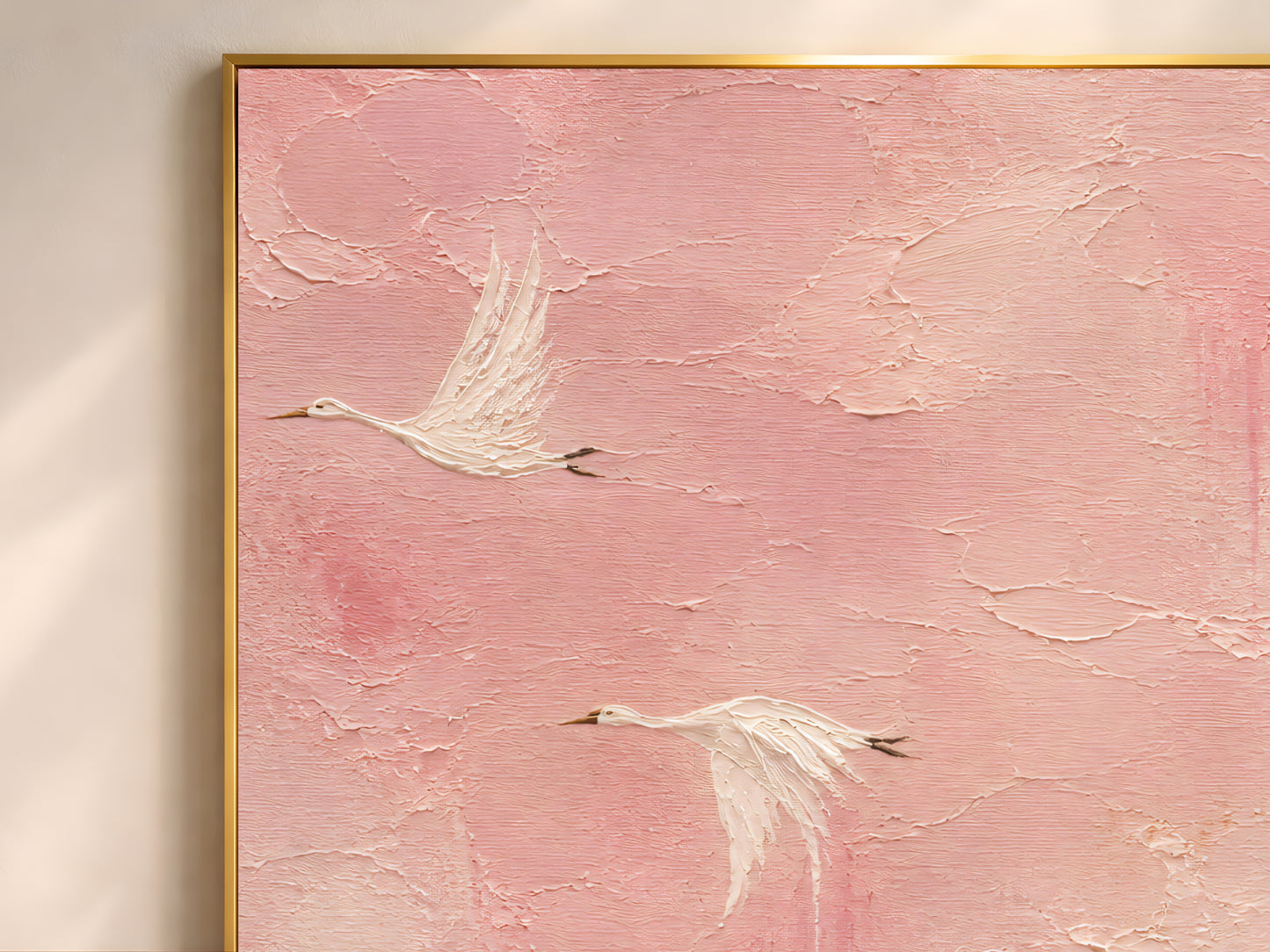 Close-up of chinoiserie crane wall art print showing impasto texture, pink bird painting detail
