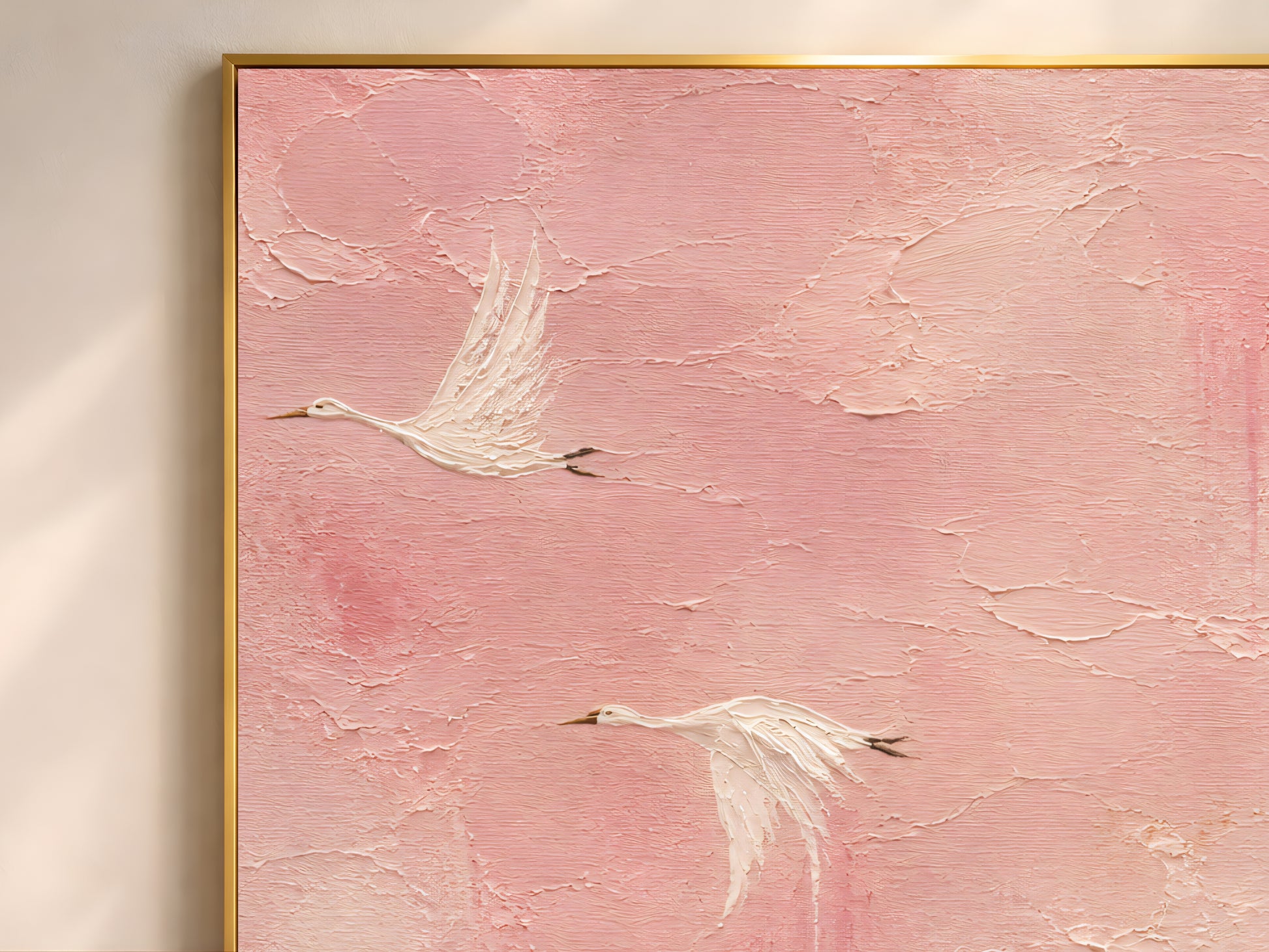 Close-up of chinoiserie crane wall art print showing impasto texture, pink bird painting detail

