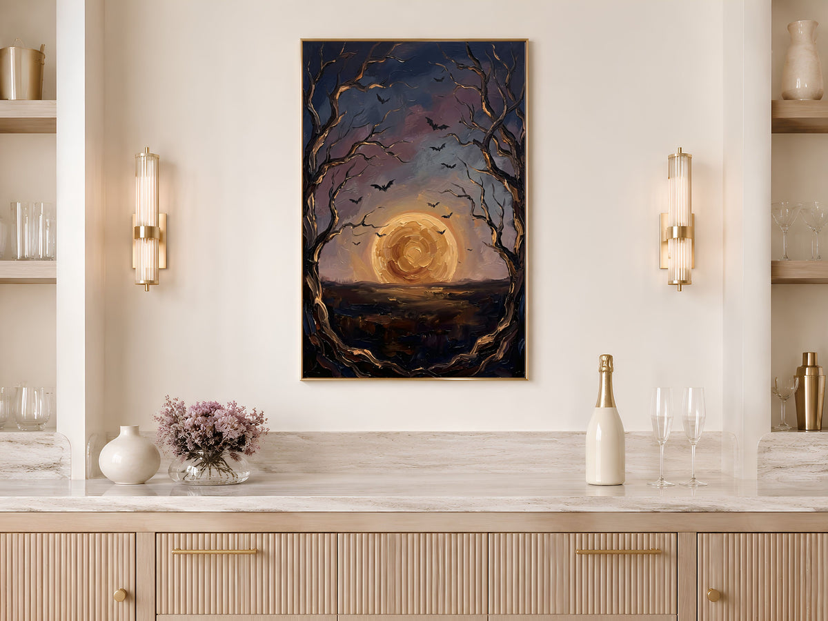 Moon and Bats Wall Art, Impasto Oil Painting Print - Digital Download