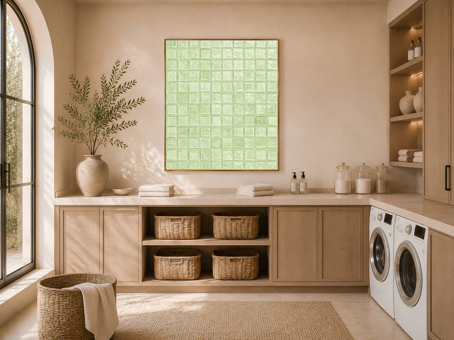 Sage green mosaic tile art print in a gold frame above an oak sideboard with woven baskets and folded towels in a warm minimal laundry or bathroom space
