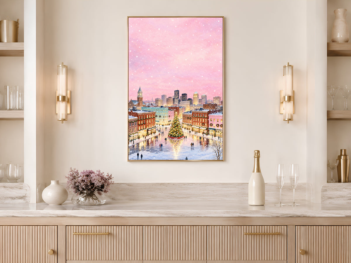 Pink Christmas Town Painting, Snowy City Christmas Tree Print, Pastel Winter Skyline Wall Art, Holiday Decor, Printable Digital Download