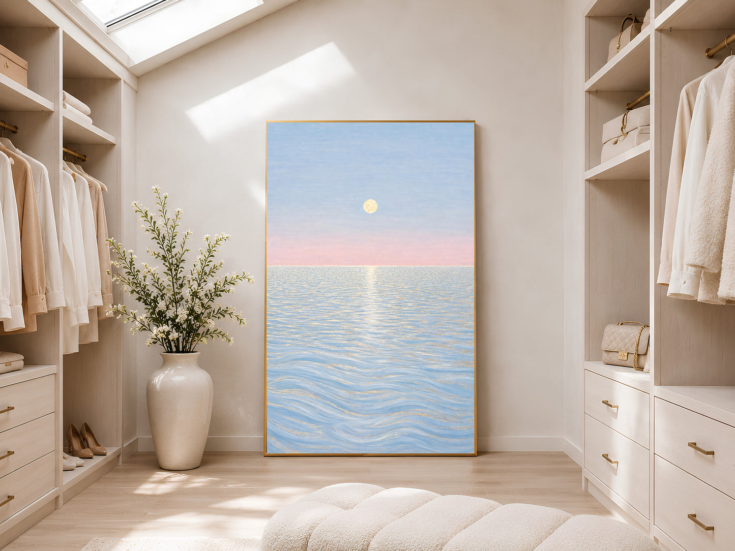 Pastel moon ocean wall art framed in walk-in closet with bench seating

