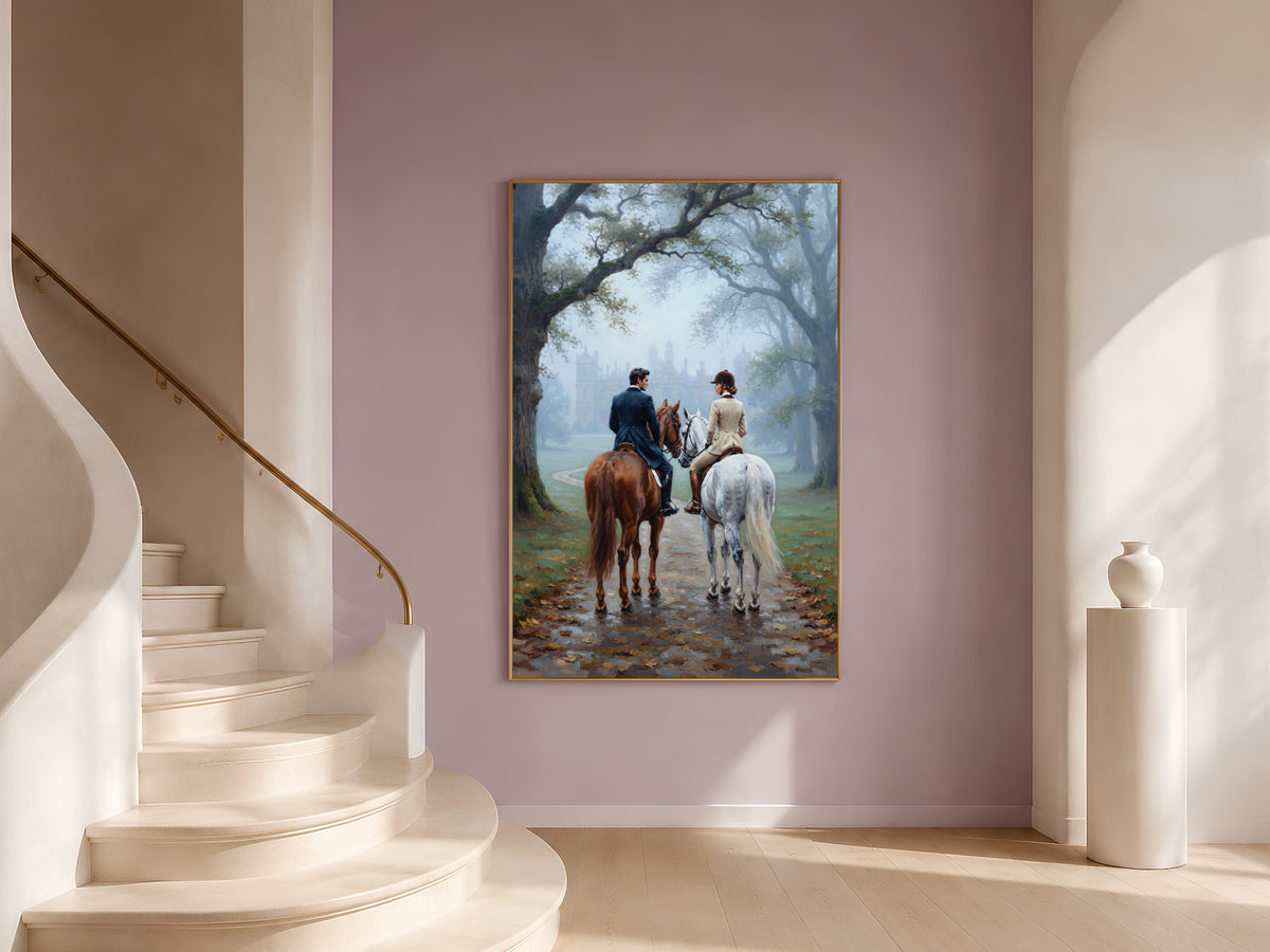 Equestrian Couple Wall Art, Horseback Riding Oil Painting Print - Digital Download