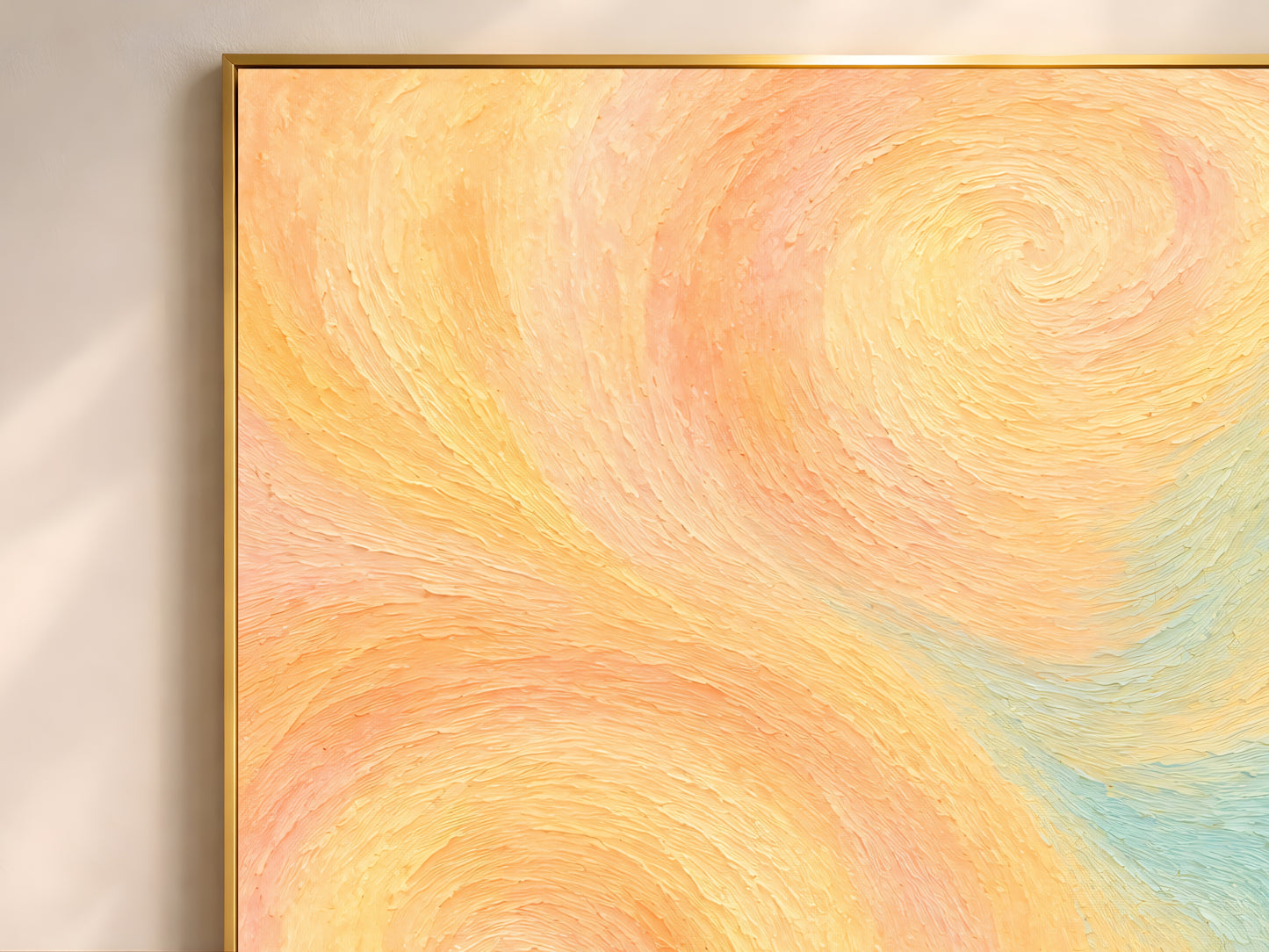 Close-up texture detail of pastel swirl abstract wall art print showing impasto brushstrokes in butter yellow, peach, and seafoam teal.
