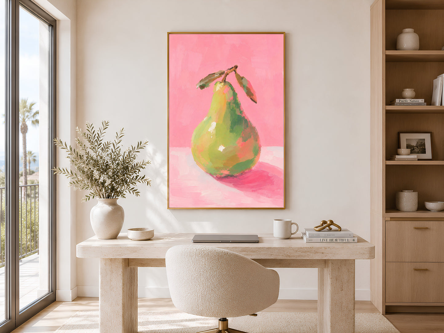 Framed impasto green pear print on warm white wall in minimal home office with white desk and open shelving
