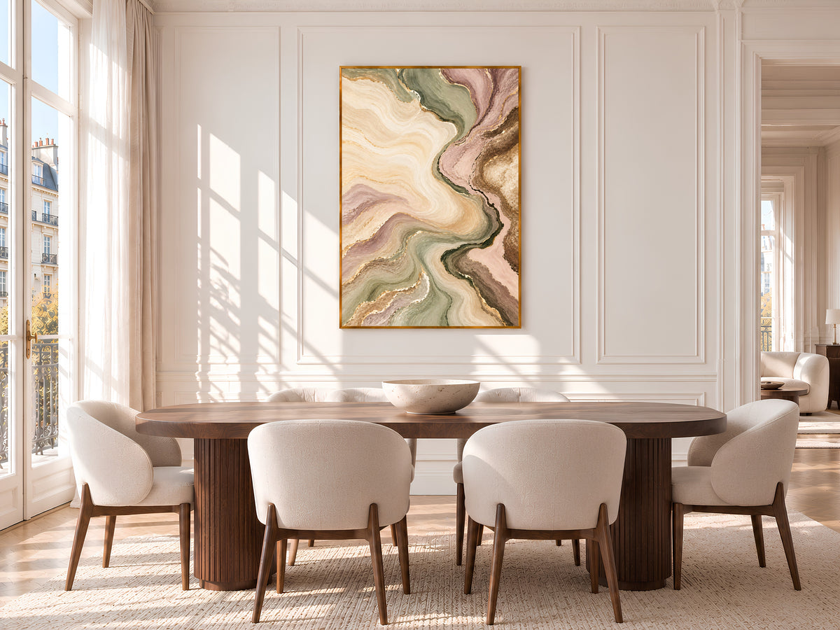 Sage Green and Blush Abstract Wall Art, Marble Swirl Painting Print with Gold Veins, Printable Pastel Neutral Decor, Digital Download