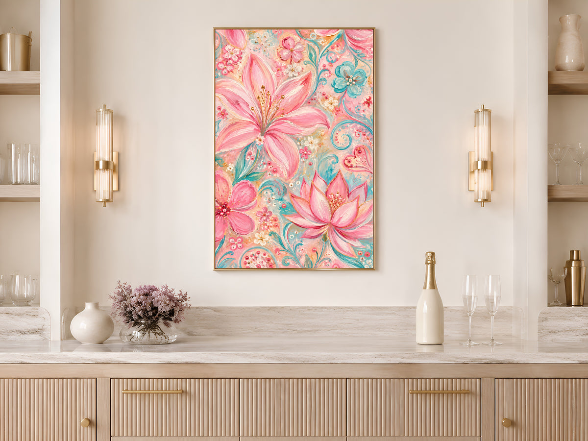 Pink Floral Wall Art, Pastel Lily and Lotus Painting, Pink and Teal Impasto Style Flower Print, Printable Digital Download