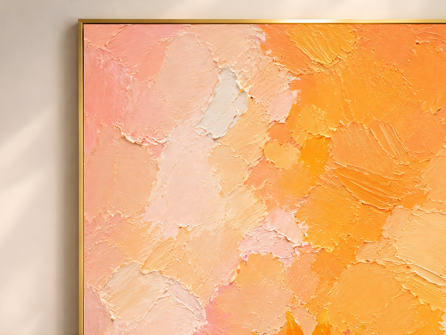 Close-up of impasto oil painting texture in peach, marigold, and coral brushstrokes on sun spiral wall art print.
