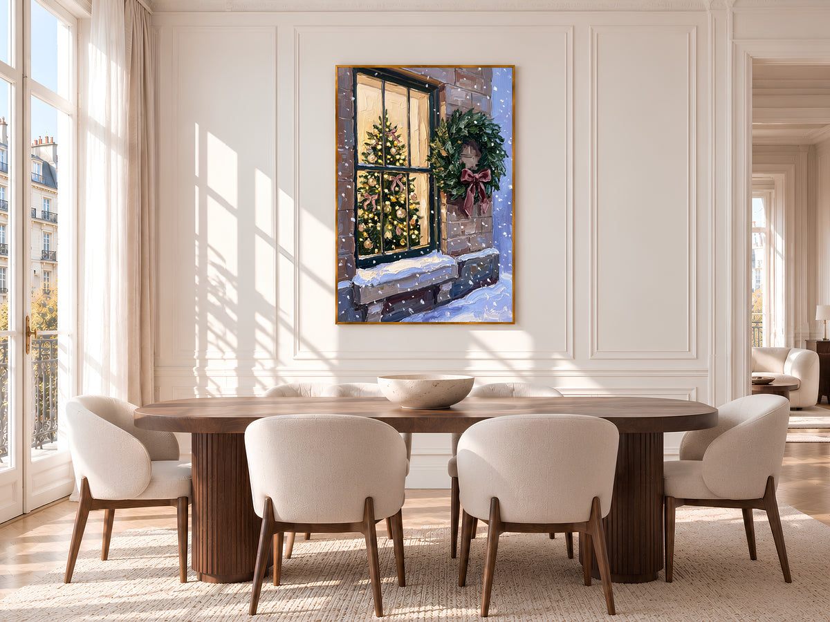 Christmas Window Painting Print, Snowy Winter Scene with Wreath and Christmas Tree, Pink Bow Holiday Wall Art, Printable Digital Download