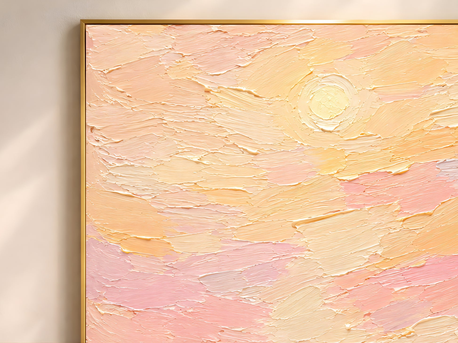 Close-up of impasto oil painting texture in blush pink, butter yellow, and sage brushstrokes on cross wall art print.
